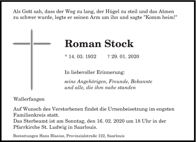  Traueranzeige für Roman Stock vom 08.02.2020 aus saarbruecker_zeitung
