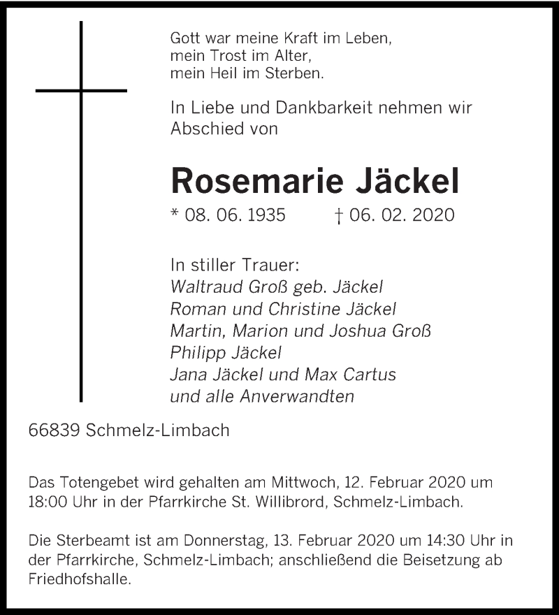  Traueranzeige für Rosemarie Jäckel vom 11.02.2020 aus saarbruecker_zeitung