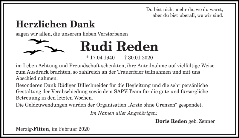  Traueranzeige für Rudi Reden vom 25.02.2020 aus saarbruecker_zeitung
