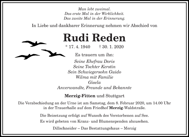  Traueranzeige für Rudi Reden vom 04.02.2020 aus saarbruecker_zeitung