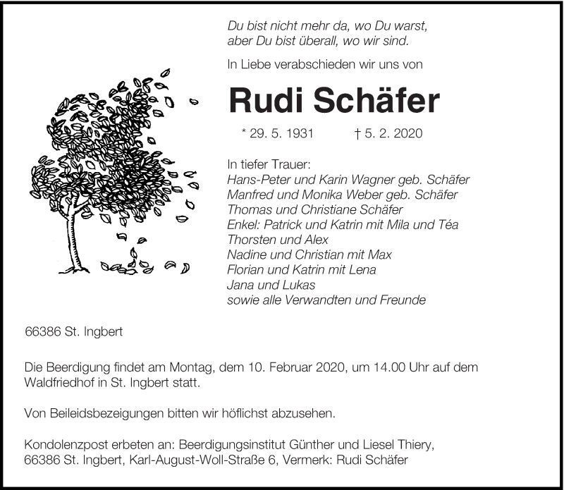 Traueranzeige für Rudi Schäfer vom 07.02.2020 aus saarbruecker_zeitung