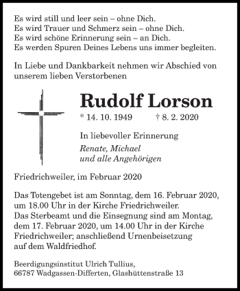 Traueranzeige von Rudolf Lorson von saarbruecker_zeitung