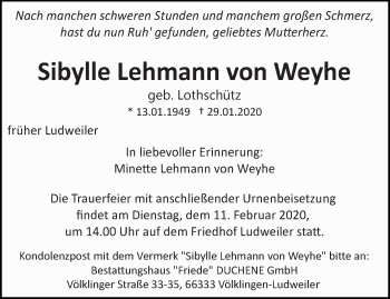 Traueranzeige von Sibylle  Lehmann von Weyhe von saarbruecker_zeitung