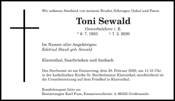 Traueranzeige von Toni Sewald von saarbruecker_zeitung