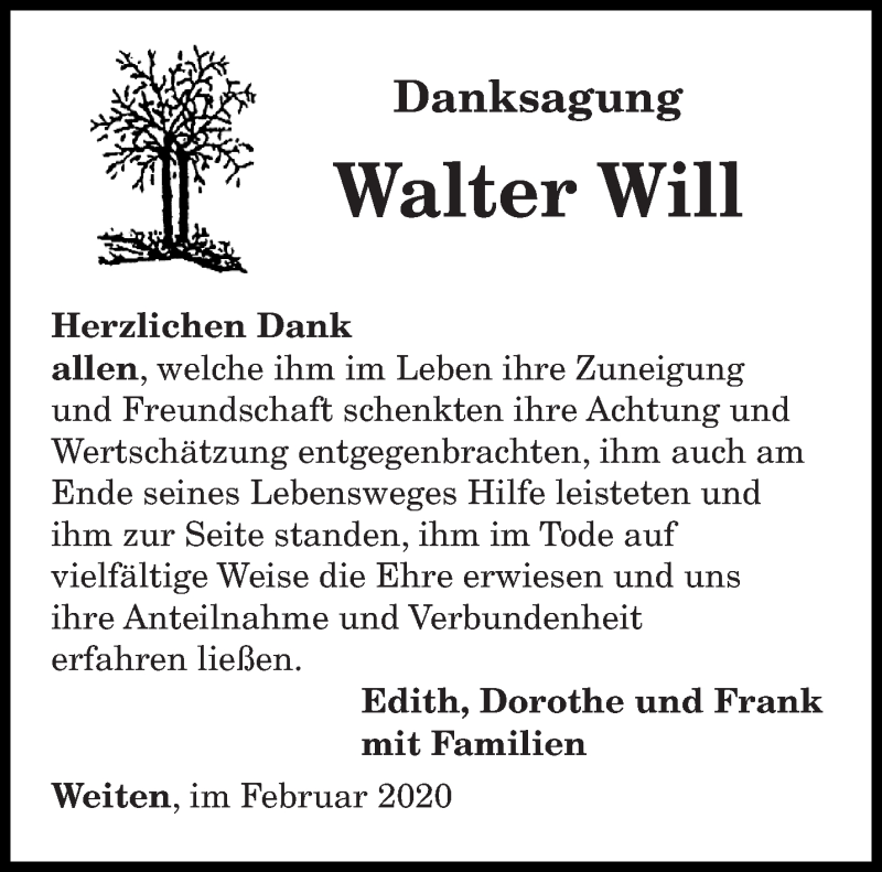  Traueranzeige für Walter Will vom 13.02.2020 aus saarbruecker_zeitung