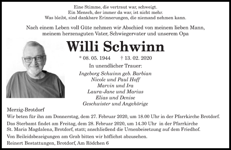  Traueranzeige für Willi Schwinn vom 26.02.2020 aus saarbruecker_zeitung