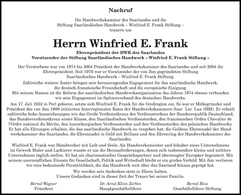  Traueranzeige für Winfried E. Frank vom 08.02.2020 aus saarbruecker_zeitung