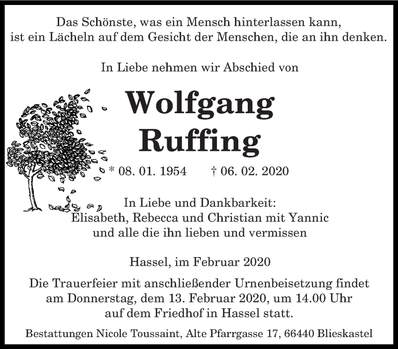  Traueranzeige für Wolfgang Ruffing vom 10.02.2020 aus saarbruecker_zeitung