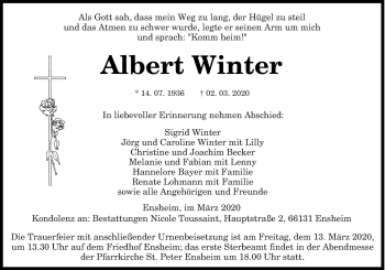 Traueranzeige von Albert Winter von saarbruecker_zeitung