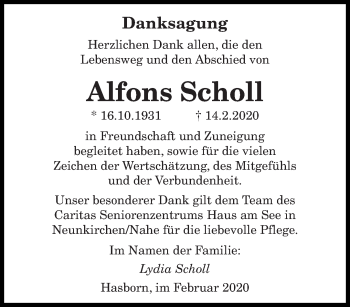 Traueranzeige von Alfons Scholl von saarbruecker_zeitung