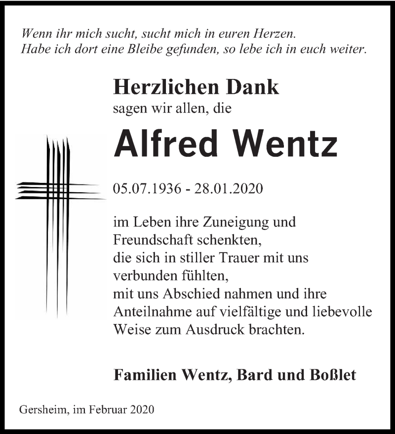  Traueranzeige für Alfred Wentz vom 29.02.2020 aus saarbruecker_zeitung