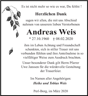 Traueranzeige von Andreas Weis von saarbruecker_zeitung
