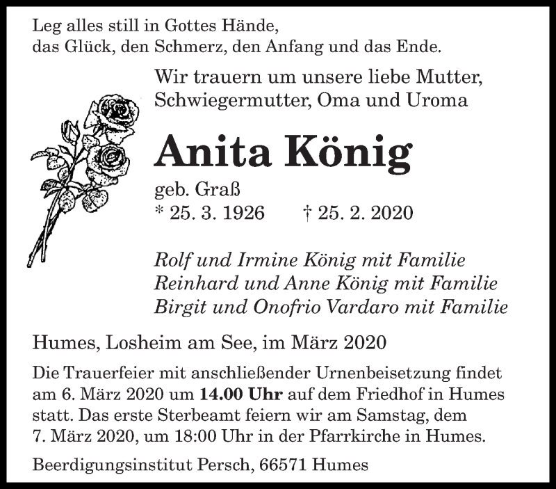 Traueranzeige für Anita König vom 04.03.2020 aus saarbruecker_zeitung
