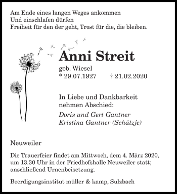 Traueranzeige von Anni Streit von saarbruecker_zeitung
