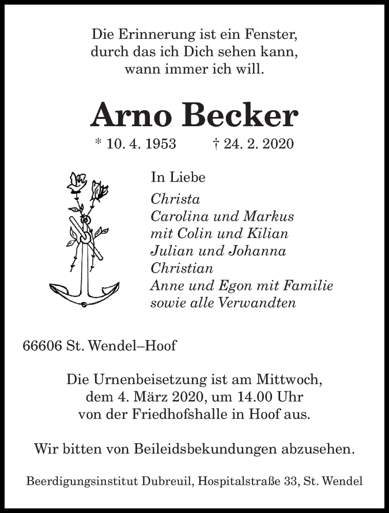  Traueranzeige für Arno Becker vom 02.03.2020 aus saarbruecker_zeitung