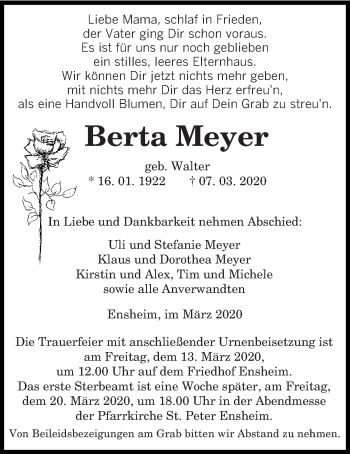 Traueranzeige von Berta Meyer von saarbruecker_zeitung