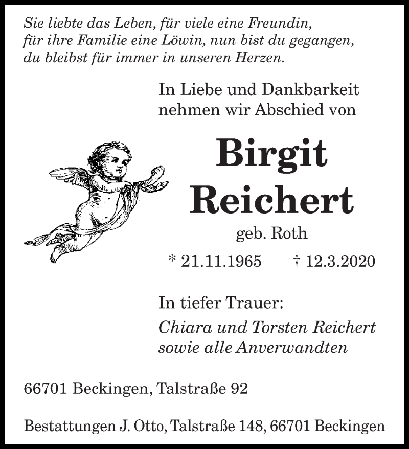  Traueranzeige für Birgit Reichert vom 24.03.2020 aus saarbruecker_zeitung