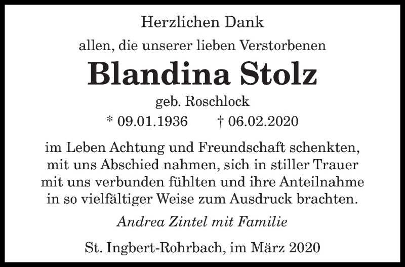  Traueranzeige für Blandina Stolz vom 20.03.2020 aus saarbruecker_zeitung