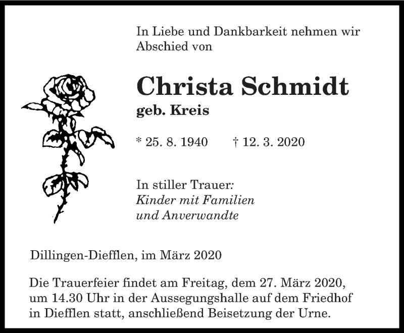  Traueranzeige für Christa Schmidt vom 24.03.2020 aus saarbruecker_zeitung