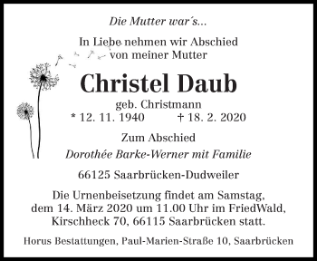 Traueranzeige von Christel Daub von saarbruecker_zeitung