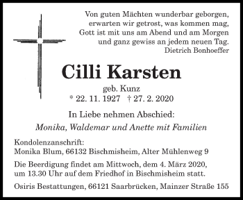 Traueranzeige von Cilli Karsten von saarbruecker_zeitung