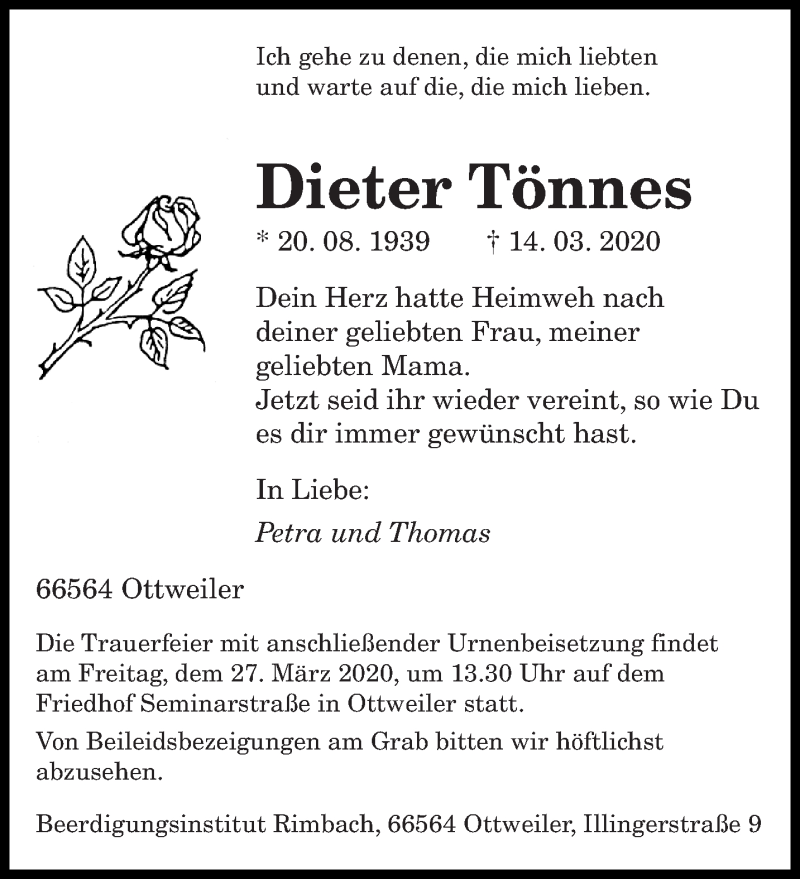 Traueranzeige für Dieter Tönnes vom 25.03.2020 aus saarbruecker_zeitung