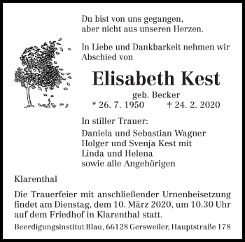 Traueranzeige von Elisabeth Kest von saarbruecker_zeitung