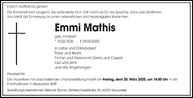  Traueranzeige für Emmi Mathies vom 17.03.2020 aus saarbruecker_zeitung