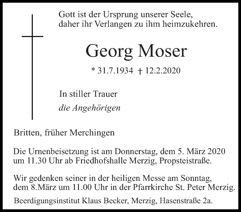  Traueranzeige für Georg Moser vom 03.03.2020 aus saarbruecker_zeitung