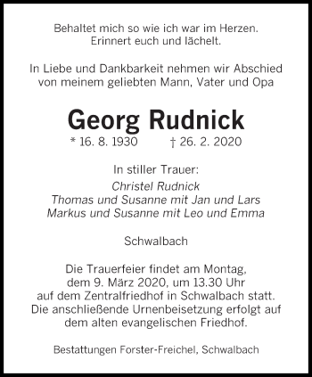 Traueranzeige von Georg Rudnick von saarbruecker_zeitung
