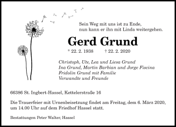 Traueranzeige von Gerd Grund von saarbruecker_zeitung