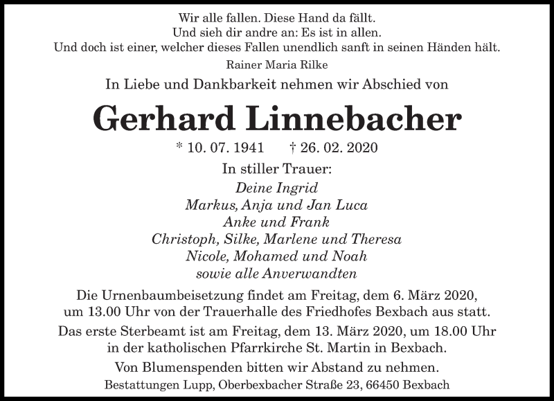  Traueranzeige für Gerhard Linnebacher vom 29.02.2020 aus saarbruecker_zeitung