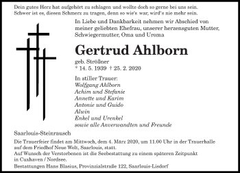 Traueranzeige von Gertrud Ahlborn von saarbruecker_zeitung