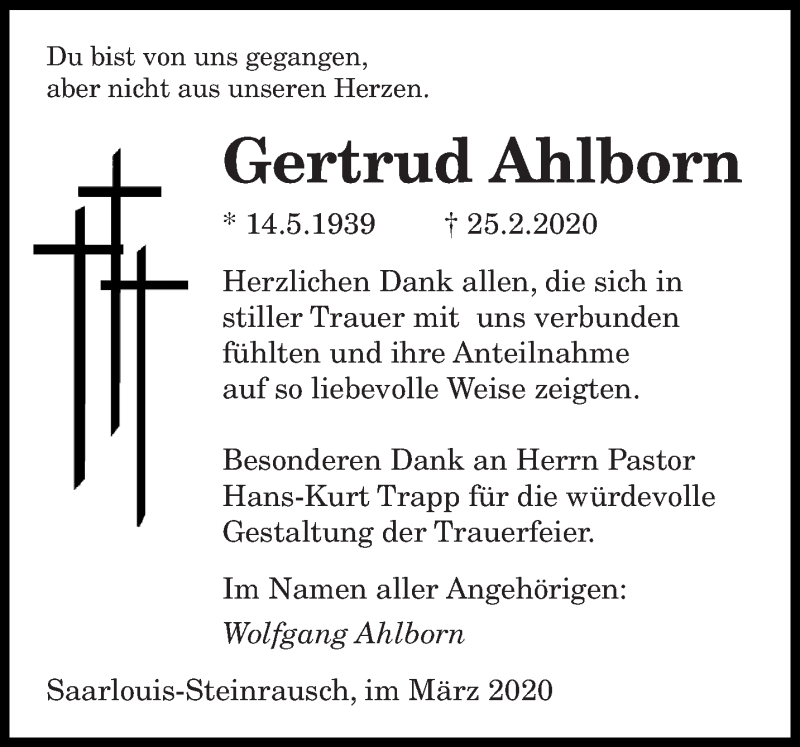  Traueranzeige für Gertrud Ahlborn vom 28.03.2020 aus saarbruecker_zeitung