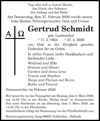 Traueranzeige von Gertrud Schmidt von saarbruecker_zeitung