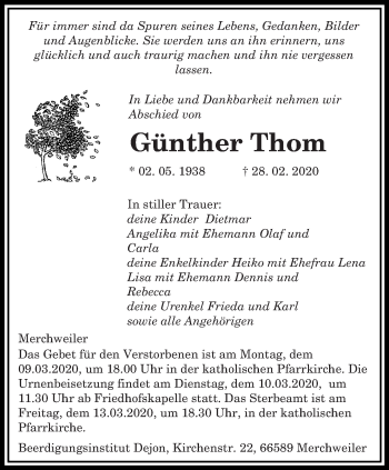 Traueranzeige von Günther Thom von saarbruecker_zeitung