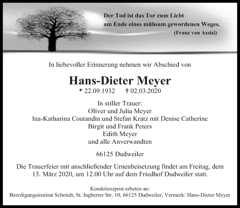  Traueranzeige für Hans-Dieter Meyer vom 07.03.2020 aus saarbruecker_zeitung