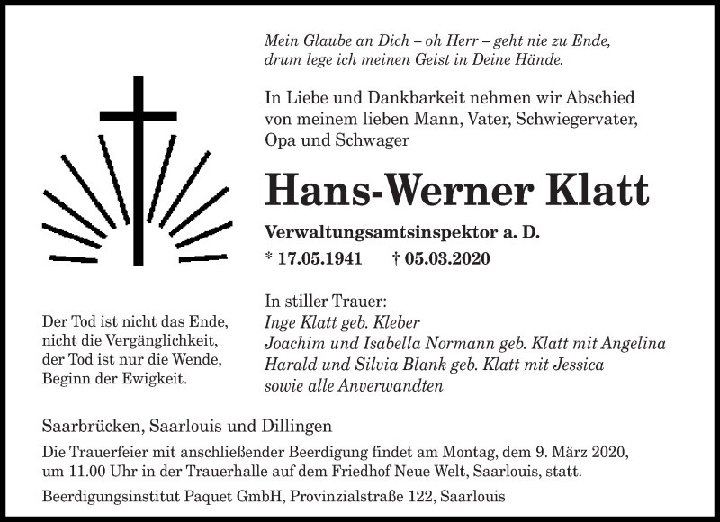  Traueranzeige für Hans-Werner Klatt vom 07.03.2020 aus saarbruecker_zeitung