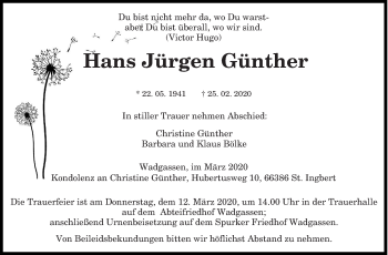 Traueranzeige von Hans Jürgen Günther von saarbruecker_zeitung