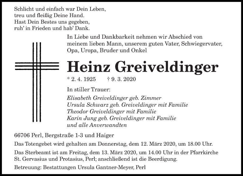  Traueranzeige für Heinz Greiveldinger vom 11.03.2020 aus saarbruecker_zeitung