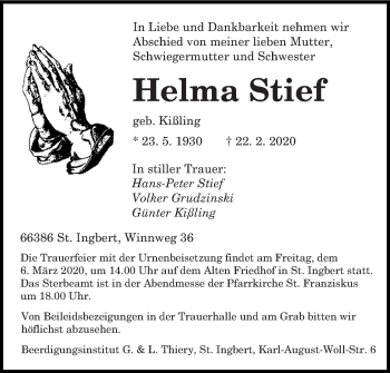 Traueranzeige von Helma Stief von saarbruecker_zeitung