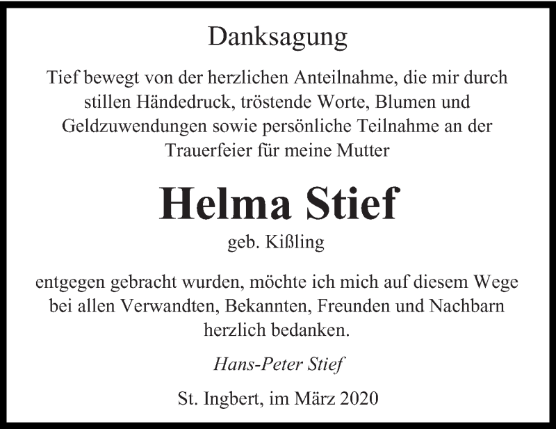  Traueranzeige für Helma Stief vom 14.03.2020 aus saarbruecker_zeitung