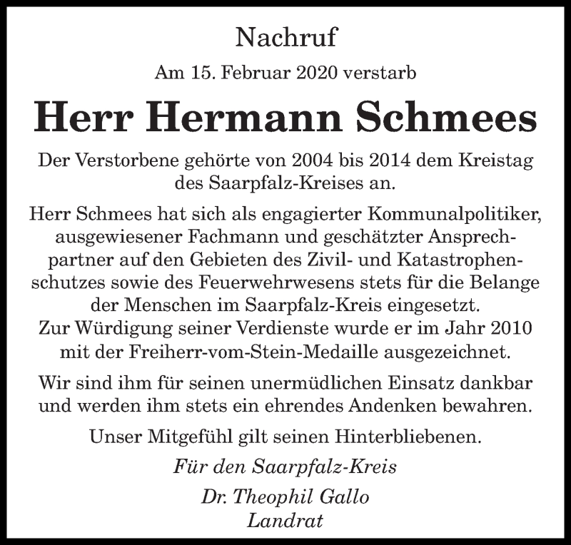  Traueranzeige für Hermann Schmees vom 07.03.2020 aus saarbruecker_zeitung
