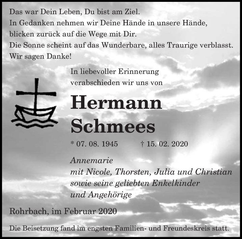  Traueranzeige für Hermann Schmees vom 29.02.2020 aus saarbruecker_zeitung