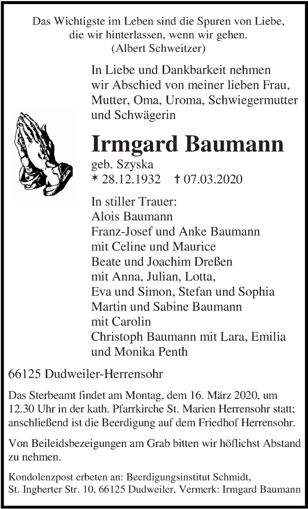  Traueranzeige für Irmgard Baumann vom 11.03.2020 aus saarbruecker_zeitung