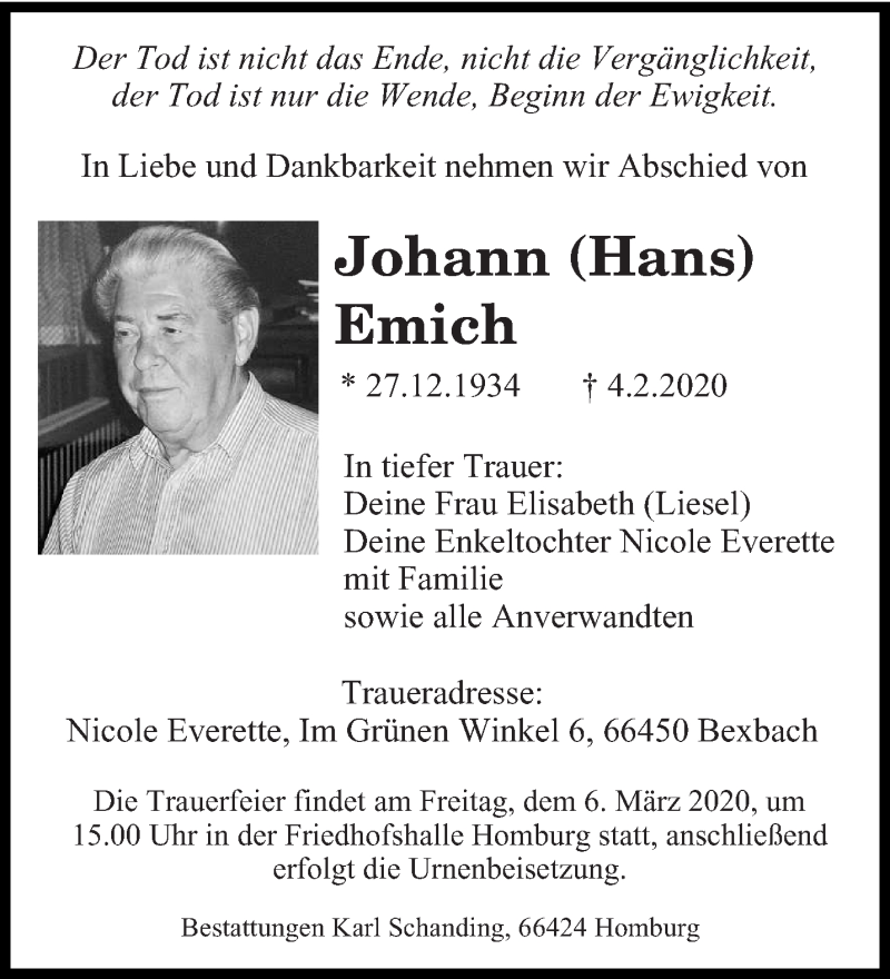  Traueranzeige für Johann Emich vom 02.03.2020 aus saarbruecker_zeitung