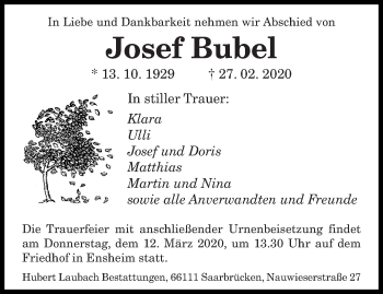 Traueranzeige von Josef Bubel von saarbruecker_zeitung