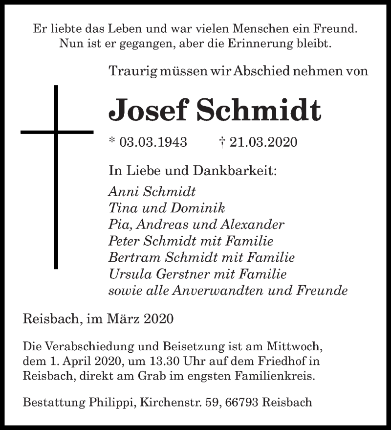  Traueranzeige für Josef Schmidt vom 28.03.2020 aus saarbruecker_zeitung