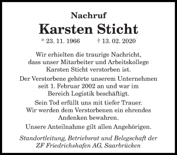 Traueranzeige von Karsten Sticht von saarbruecker_zeitung