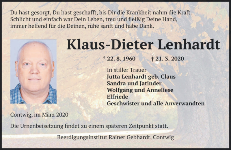  Traueranzeige für Klaus-Dieter Lenhardt vom 30.03.2020 aus saarbruecker_zeitung